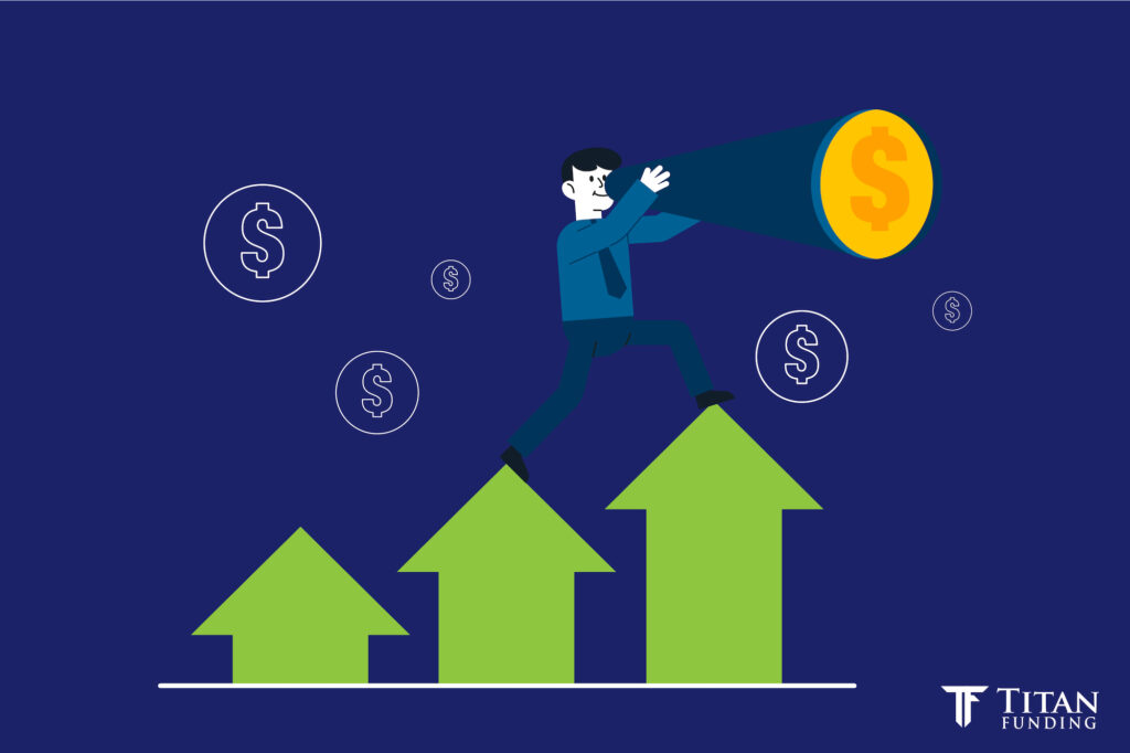 A businessman standing on the arrow looking through a telescope searching for financial opportunity.