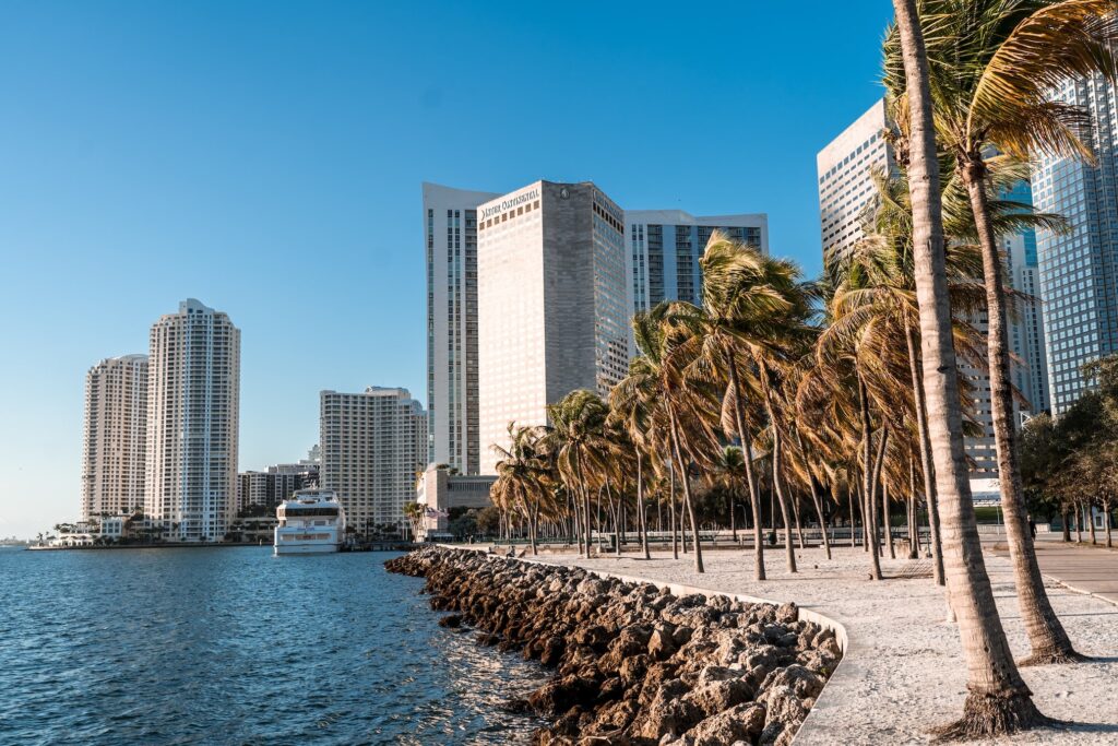 Shore line of Miami with city scape in background
